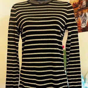 Lauren Ralph Lauren Black and Gold Metallic Striped Long Sleeve Top Size Small